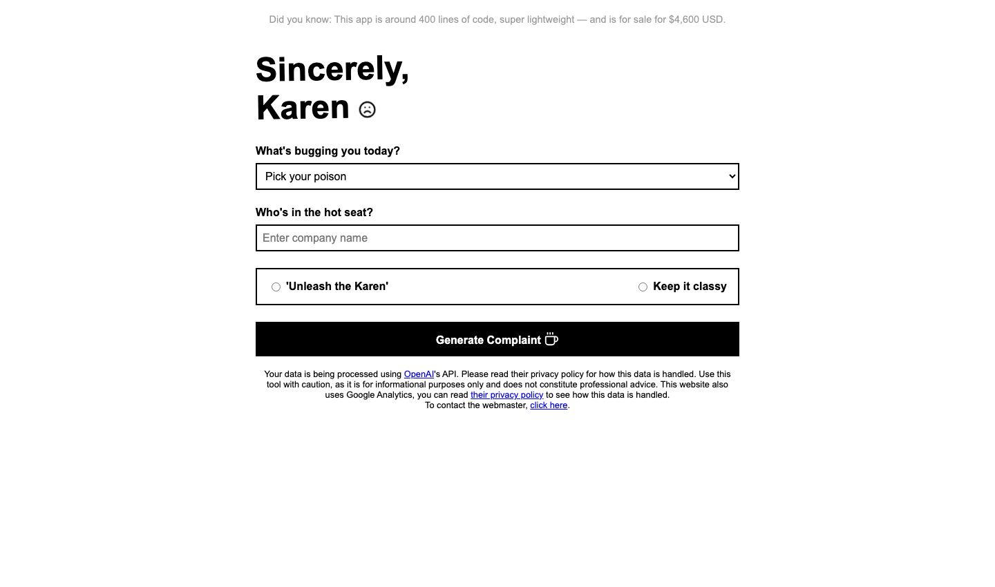 Sincerely Karen | Complaint Email Generator